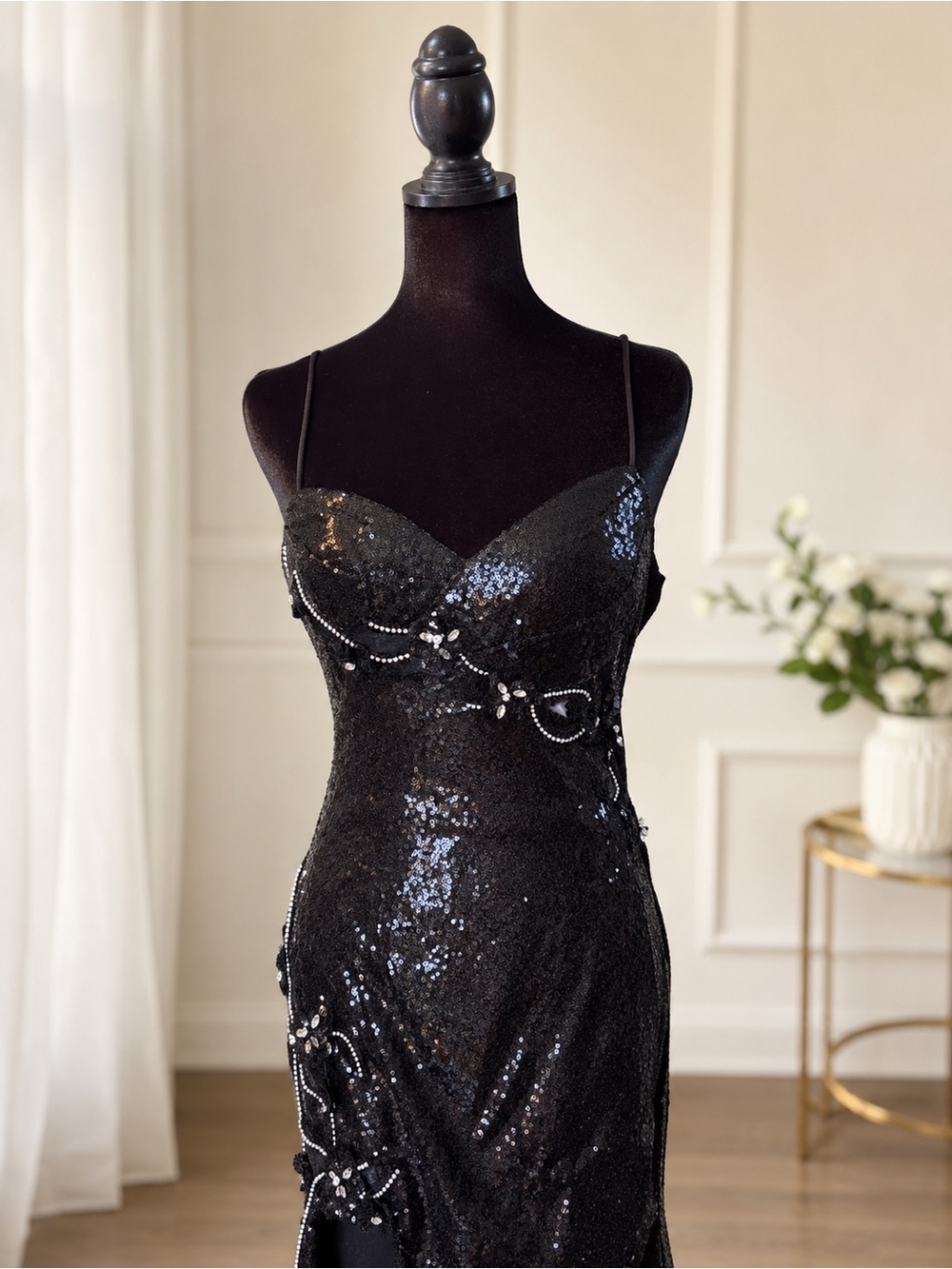 Jovani Black Sequin 3D Floral Gown Size 8 NWT Prom Pageant Sweep Train Formal